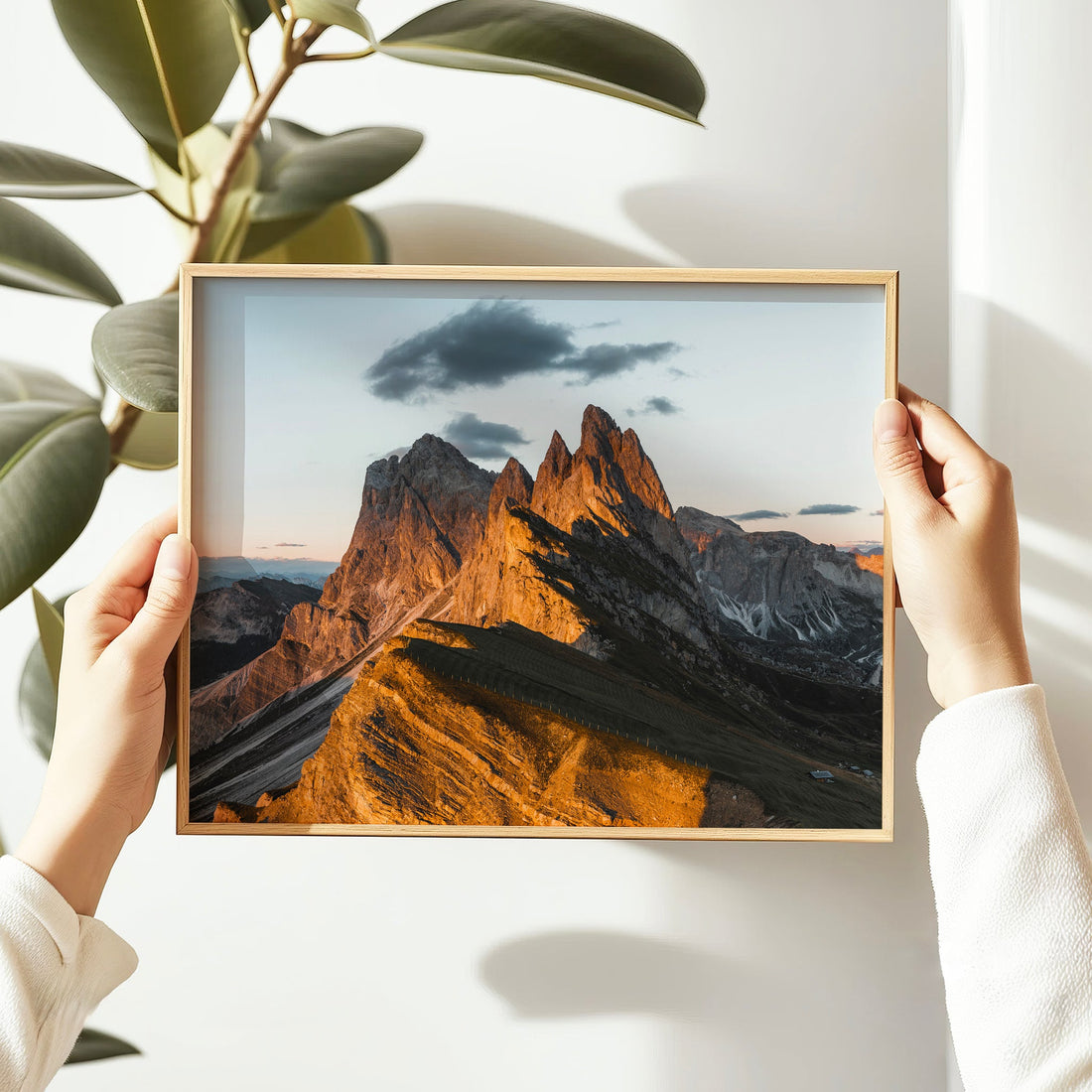 Majestic Seceda hiking view print with golden-hour light on the rolling alpine ridges of the Italian Alps.