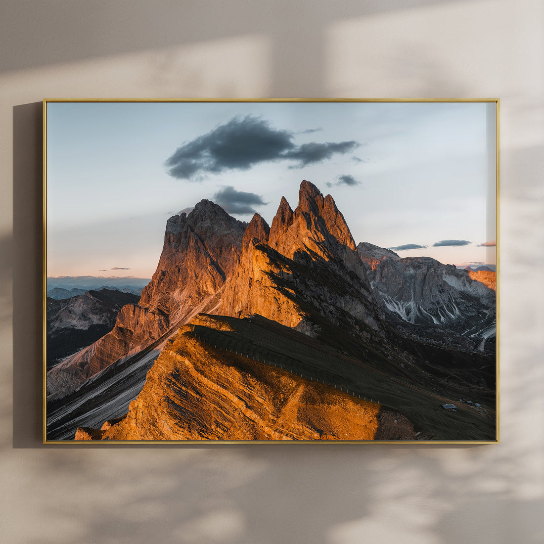 Breathtaking Seceda Ridge wall art print showcasing the dramatic peaks of the Dolomites at sunset.