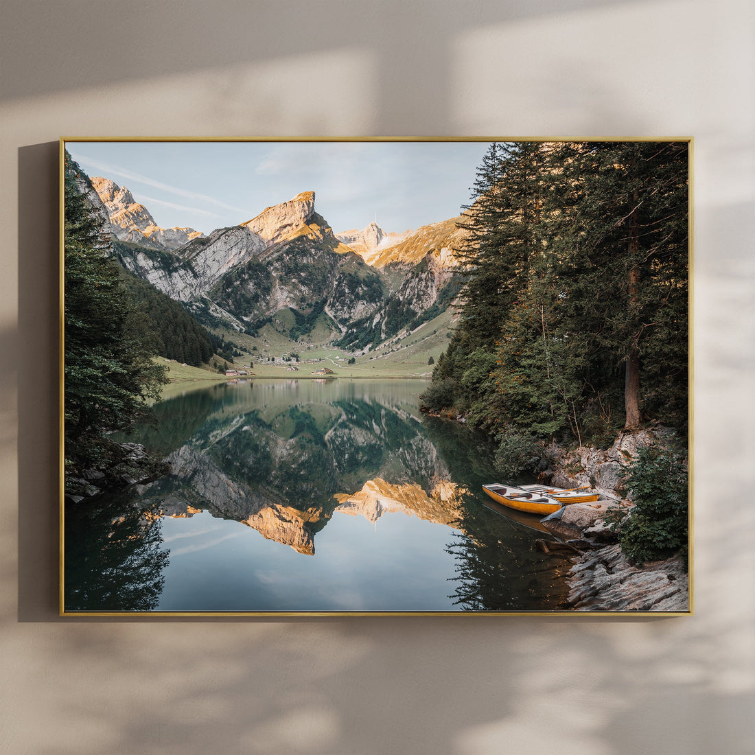 Serene Seealpsee wall art print with crystal-clear lake reflection and Swiss alpine peaks.