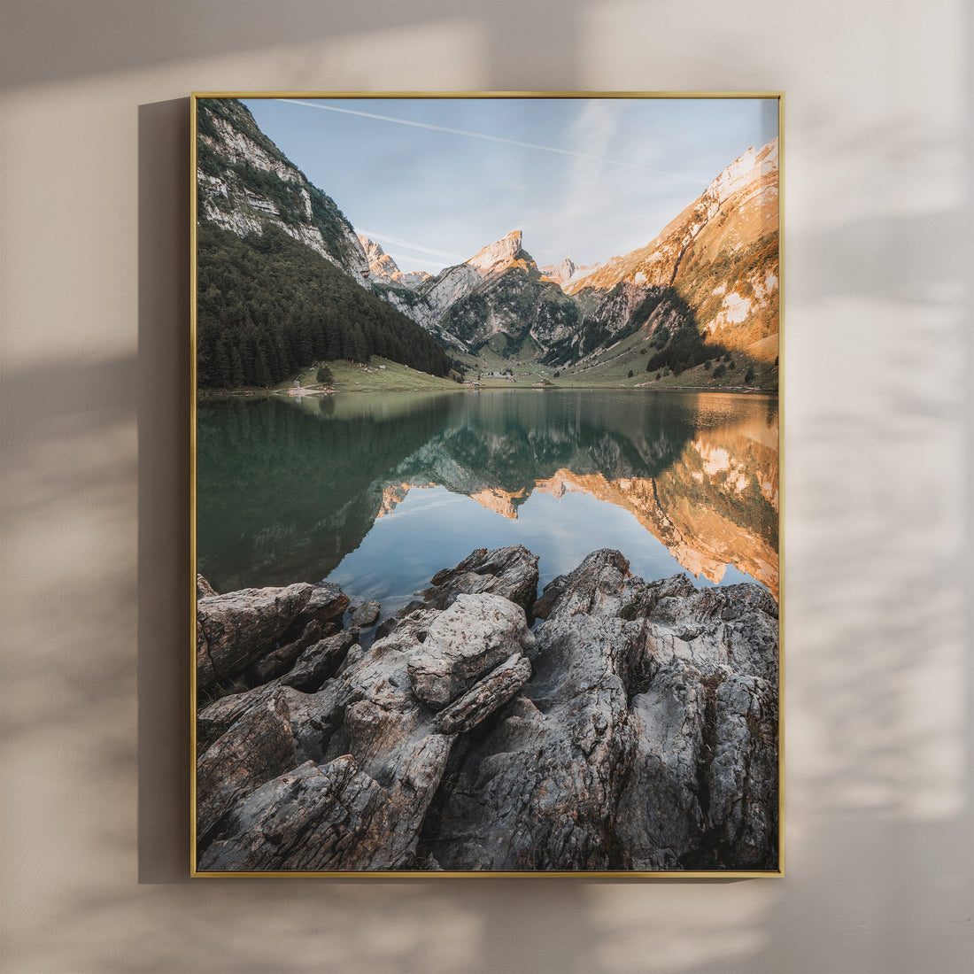 Breathtaking Seealpsee mountain lake art print with crystal-clear reflections of the Swiss Alps.