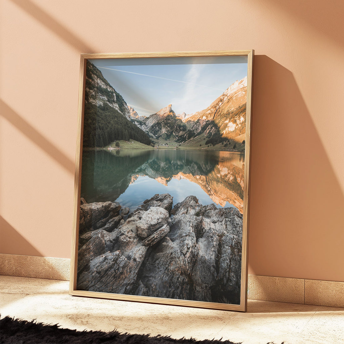 Tranquil Seealpsee reflections captured in a fine art print, highlighting Swiss mountain beauty.