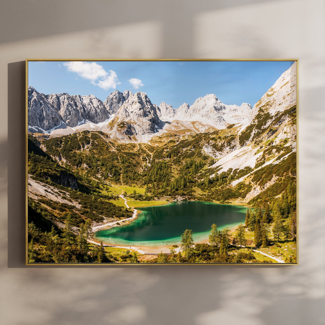 Fine art print of Seebensee Lake in the Austrian Alps with golden light and rugged peaks