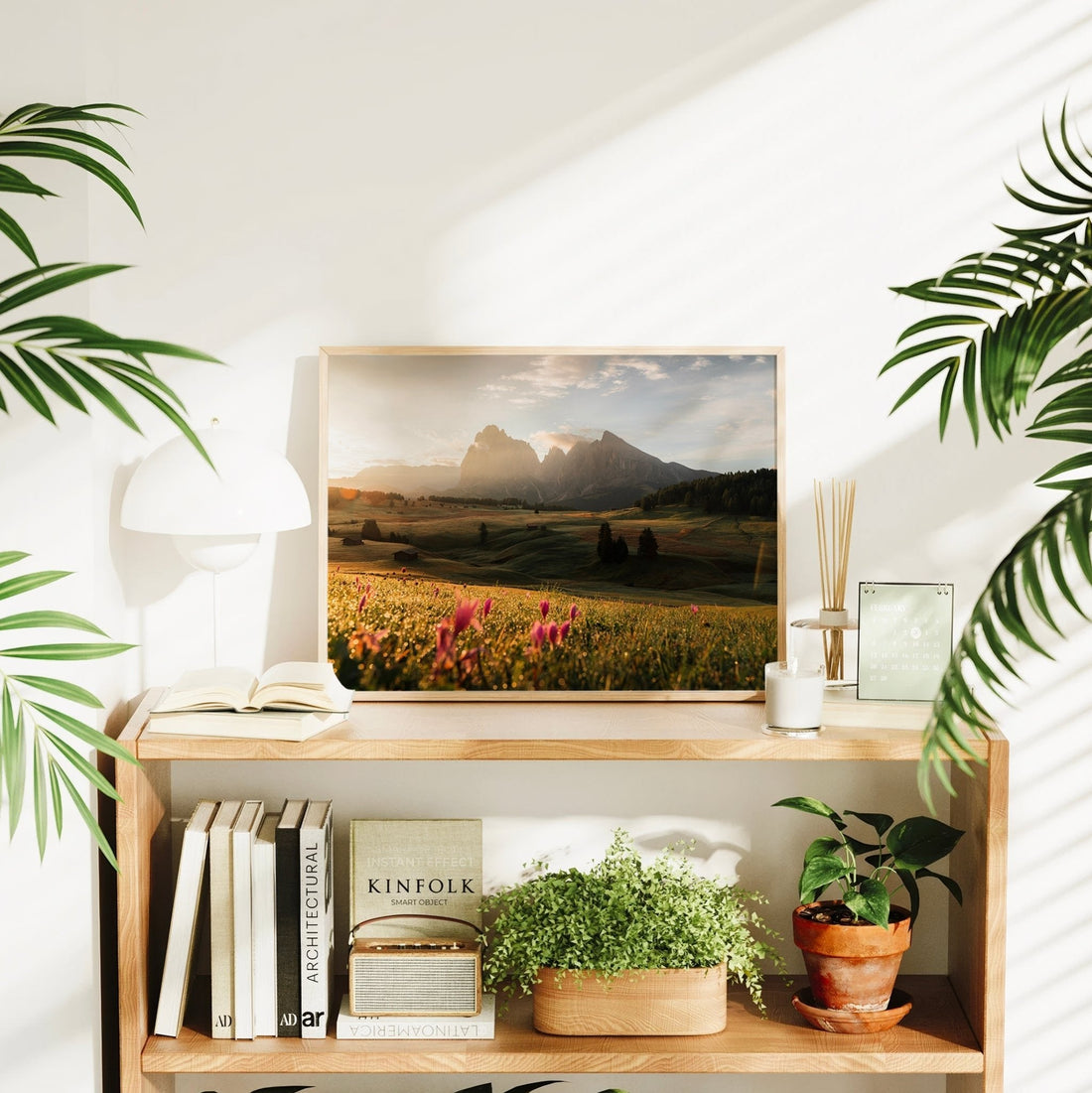 Beautiful sunrise art print of Seiser Alm (Alpe di Siusi) with warm morning light on the Dolomite mountains.