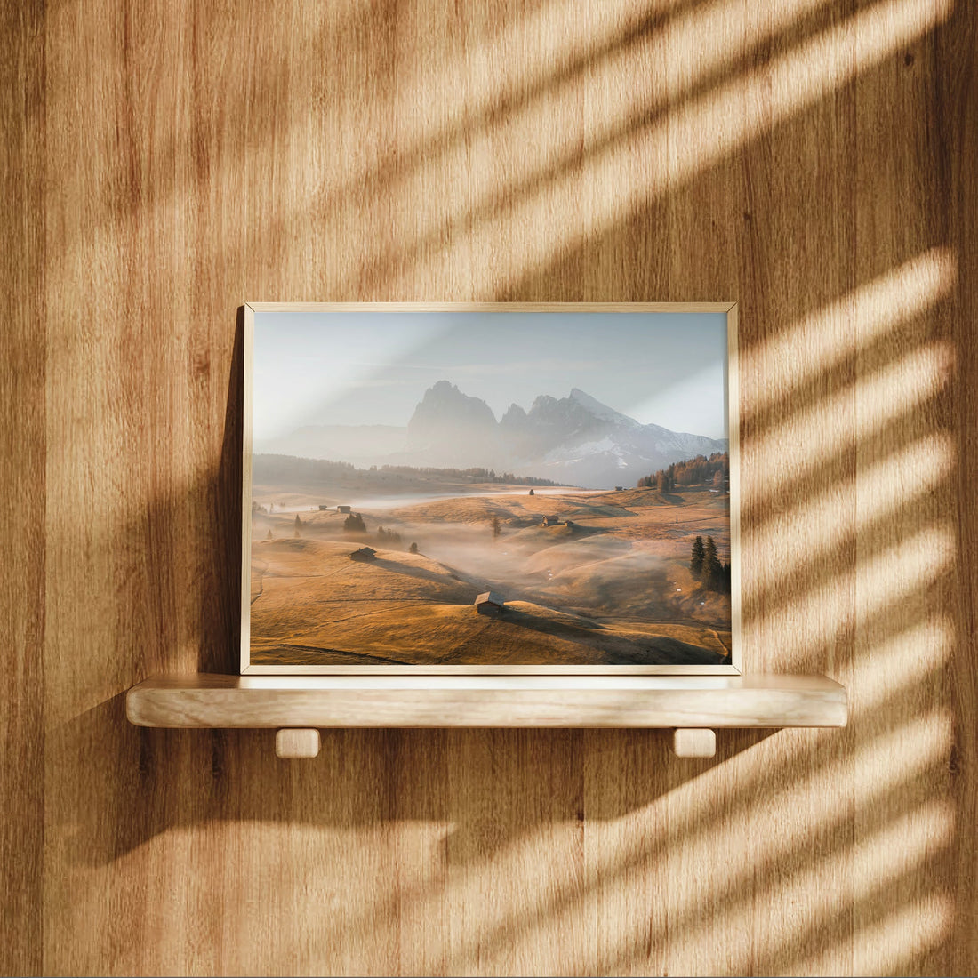 Seiser Alm wall art in wood frame with dreamy light and rolling hills of the Italian Dolomites.