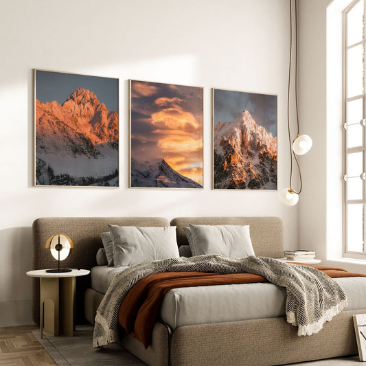 Elegant bedroom decor with a set of 3 alpine art prints, showcasing iconic mountain peaks from the French Alps.