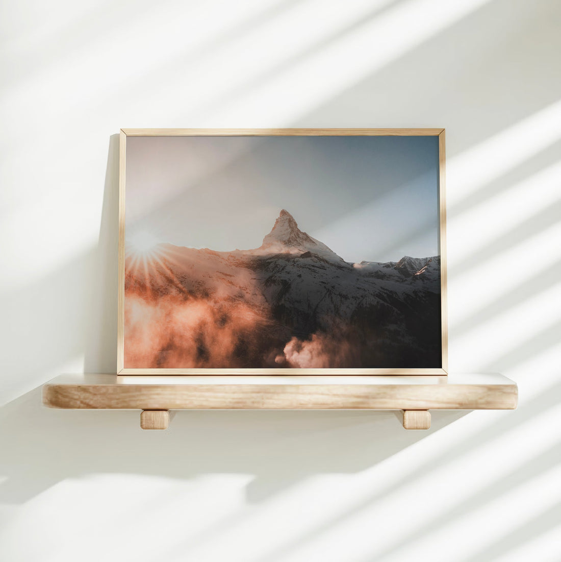 Elegant Matterhorn landscape print with a snow-capped peak glowing under a Swiss sunset.