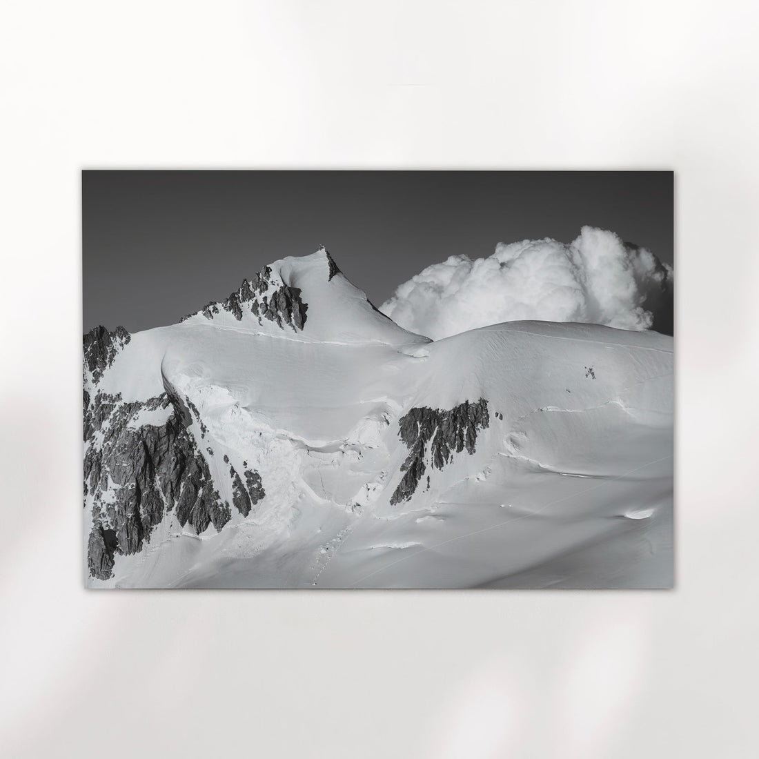 Fine art mountain photography print of Mont Maudit with snow-covered ridges and moody alpine contrast.