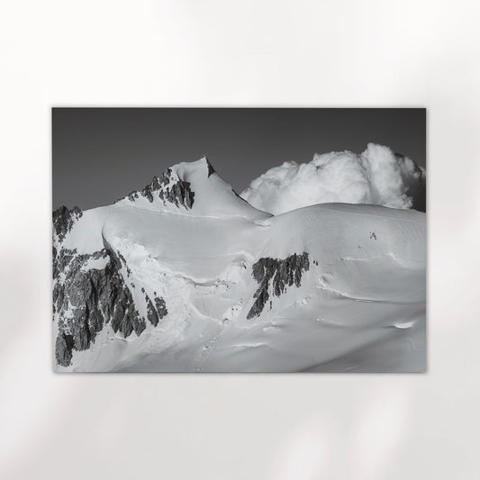 Fine art mountain photography print of Mont Maudit with snow-covered ridges and moody alpine contrast.