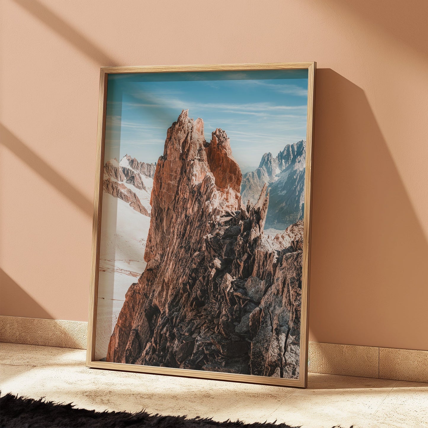 Stunning snow-covered Alps photography print capturing the raw beauty of Aiguille d'Entrèves.