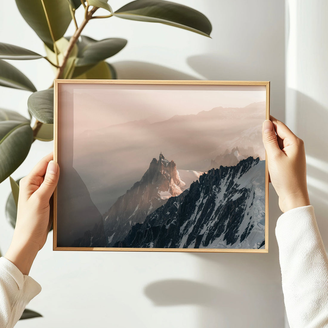 Minimalist French Alps mountain print with snow-covered ridges and soft pastel tones above Chamonix.