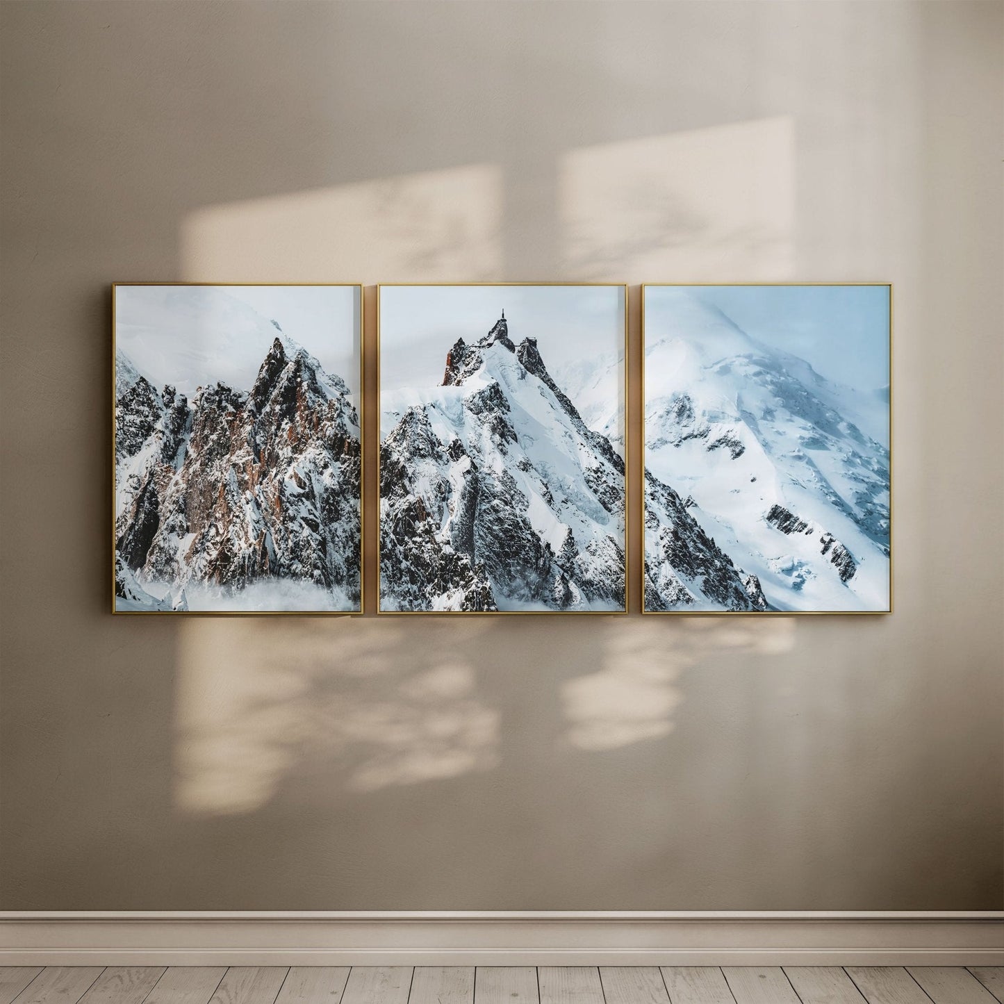 Snowcapped Mont Blanc in winter framed against a soft natural light background.