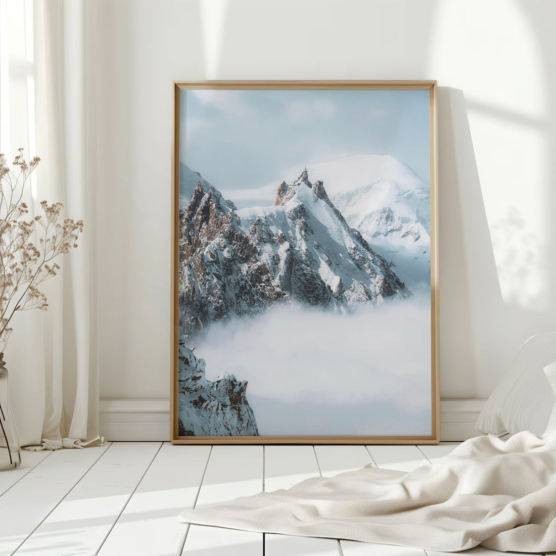Fine art print of the French Alps featuring snow-capped peaks and a dreamy mist-covered valley.