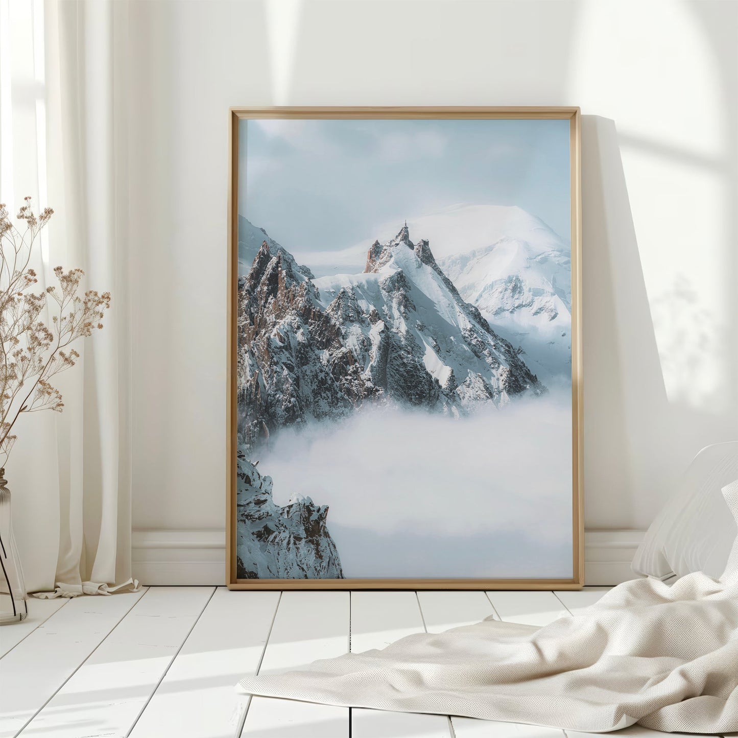 Fine art print of the French Alps featuring snow-capped peaks and a dreamy mist-covered valley.