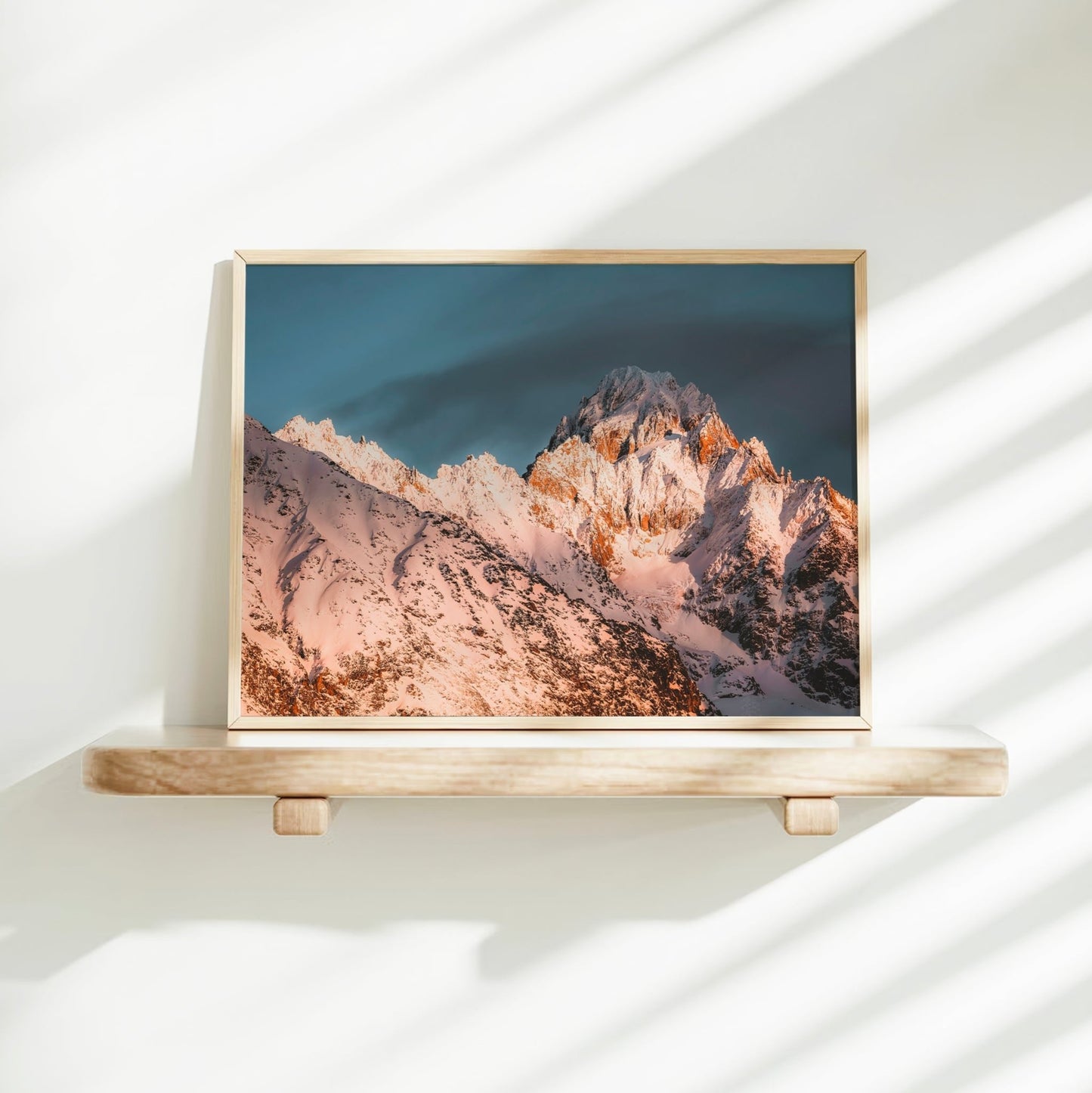 Snowy Chamonix Alps wall print featuring Aiguille du Chardonnet in pastel pink light at sunset.