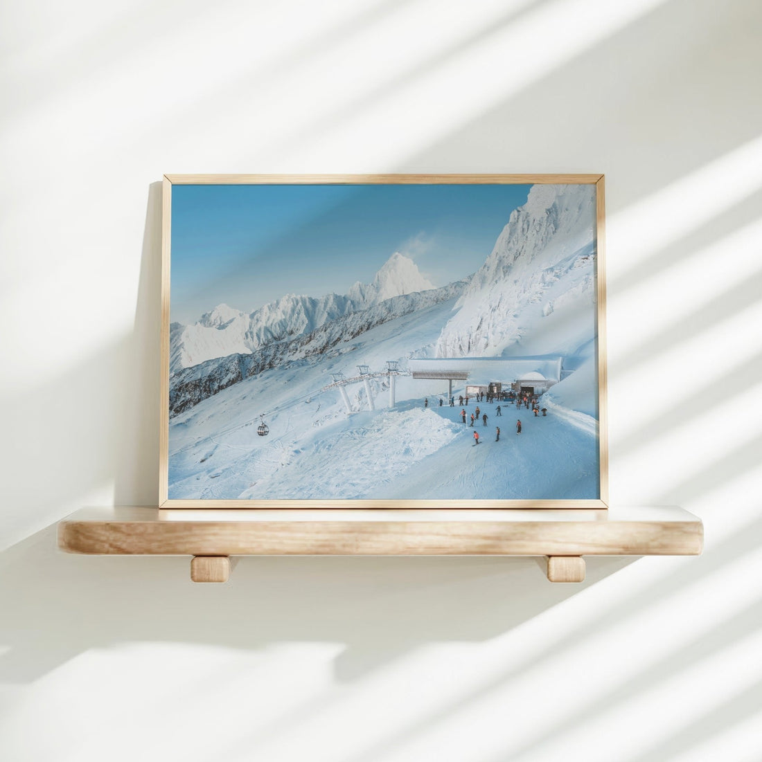 Snowy Chamonix landscape print with the Bochard ski lift and pristine mountain scenery, ideal for winter home decor.