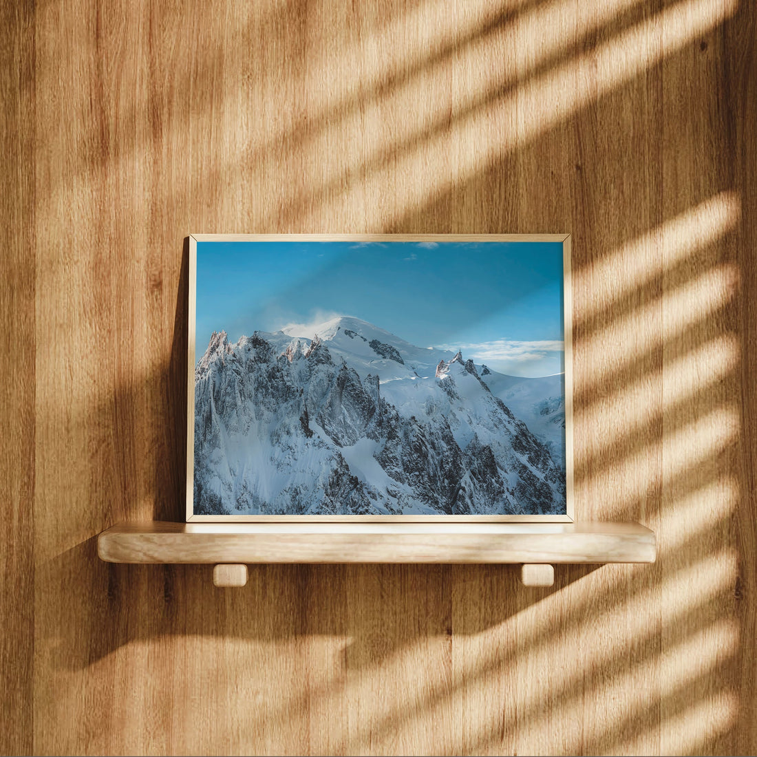 Snowy Mont Blanc artwork featuring jagged ridges and glaciers in the heart of the Alps.
