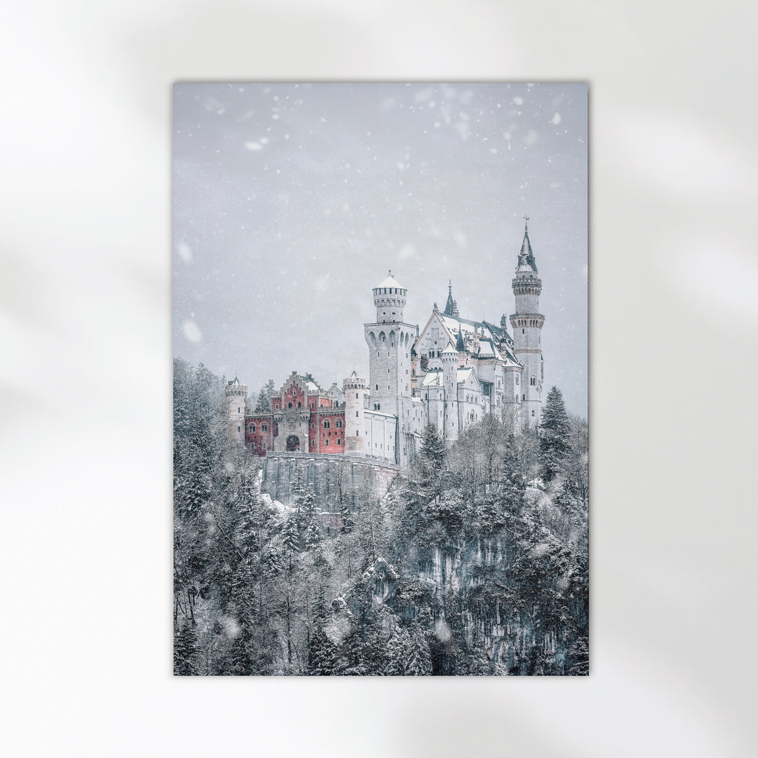 Minimalist poster of Neuschwanstein Castle in winter on a white background