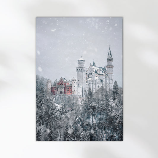 Minimalist poster of Neuschwanstein Castle in winter on a white background