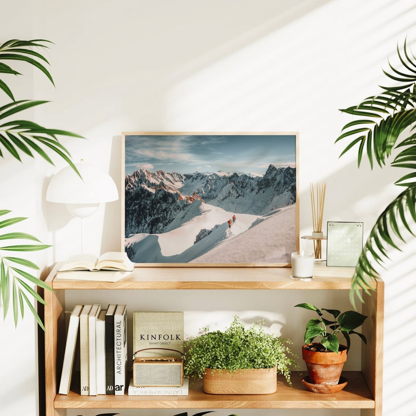 Framed fine art print of a snowy Aiguille du Midi ridge walk, set against jagged peaks of the French Alps.