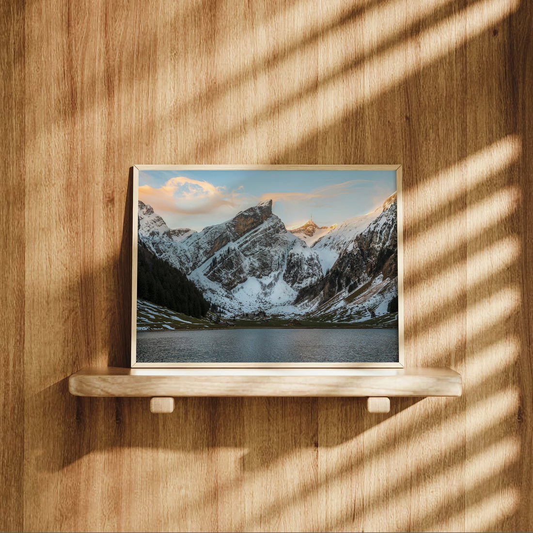 Fine art snowy Seealpsee mountain photo print with dramatic ridgelines and golden alpine glow.