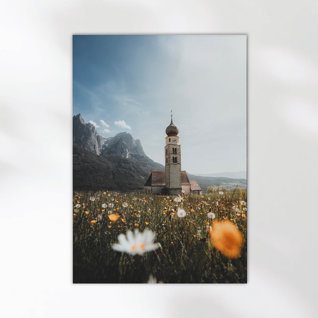 Fine art wall print of a small alpine church in South Tyrol, Italy, in a meadow