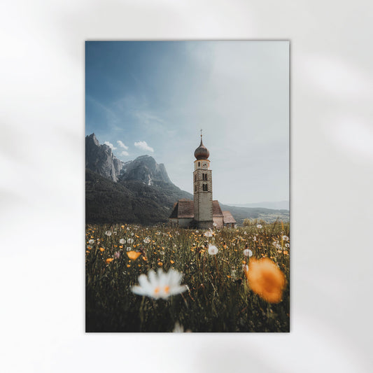 Fine art wall print of a small alpine church in South Tyrol, Italy, in a meadow