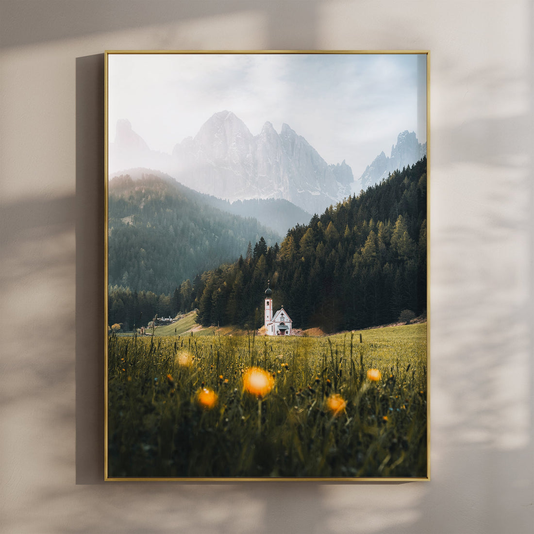 Fine art print of St. John’s Church in Val di Funes with glowing wildflowers and alpine backdrop