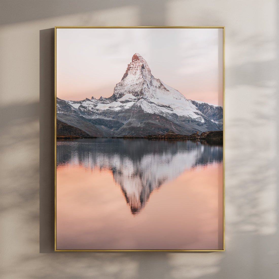 Captivating Stellisee art print showcasing the Matterhorn’s reflection at sunrise in the Swiss Alps.