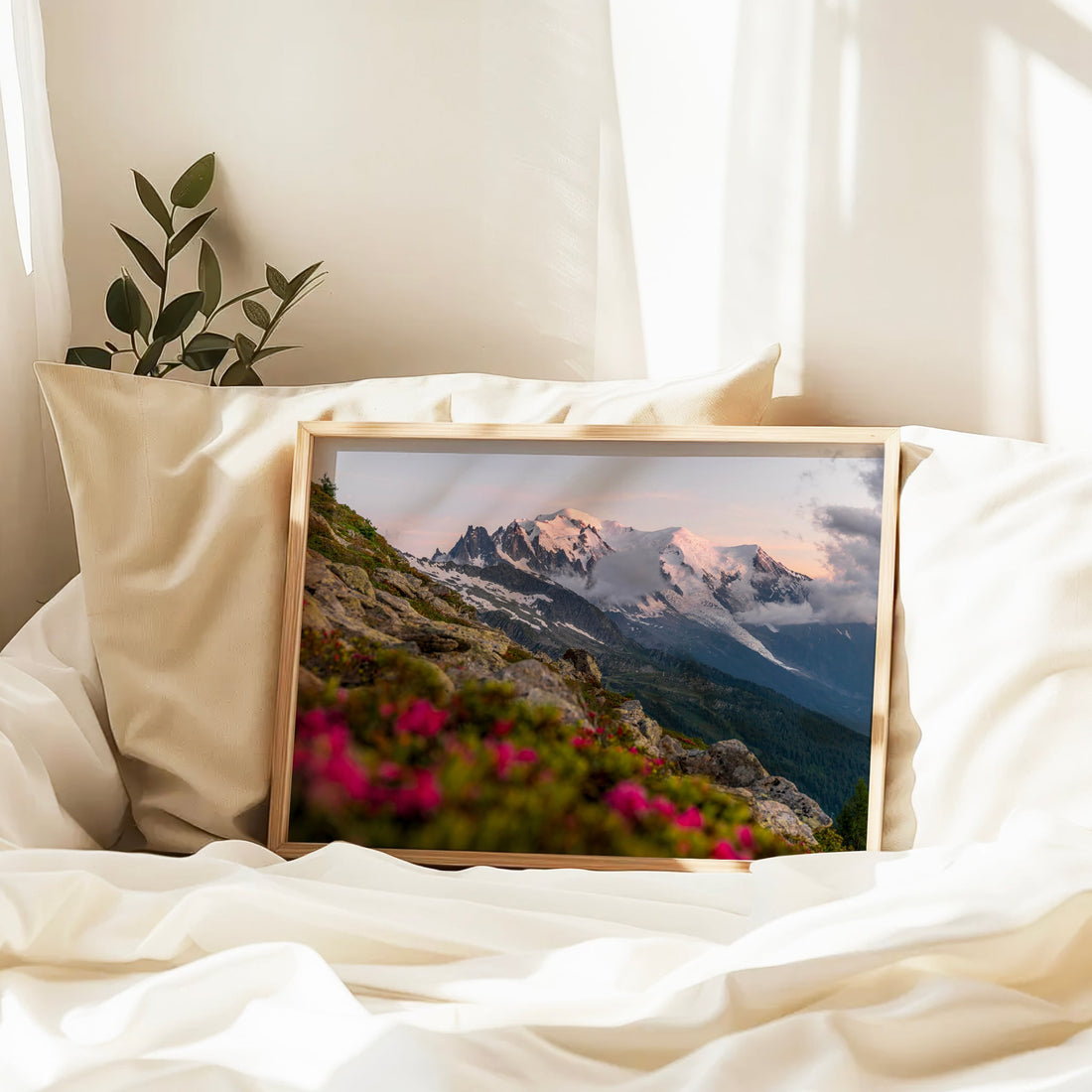 Summer wall print of Mont Blanc in golden light, viewed from a mountain trail above Chamonix.