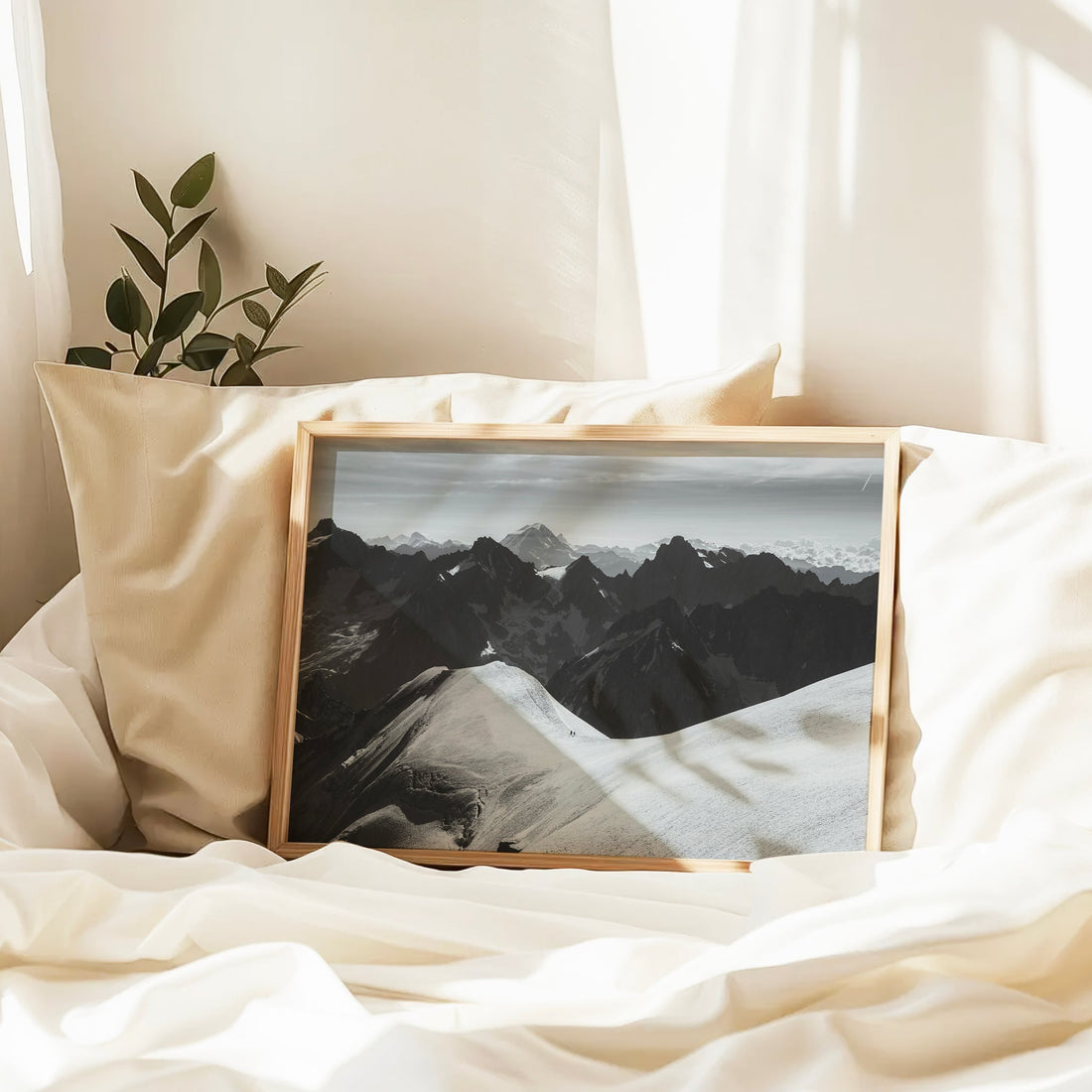Snow-covered alpine summit wall print with distant views of Mont Blanc from Chamonix.