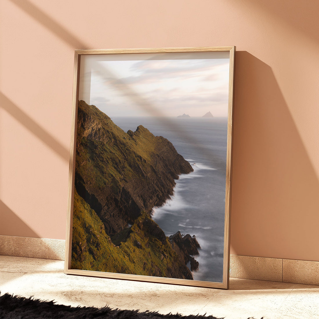 Minimalist art print of Kerry cliffs glowing in soft coastal sunlight