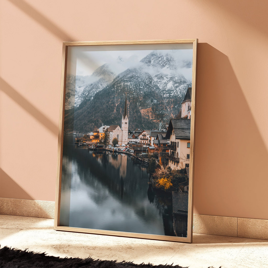 Framed Hallstatt artwork basking in golden sunlight