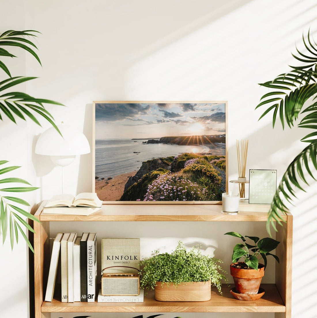 Bright home shelf scene with Irish beach landscape wall print