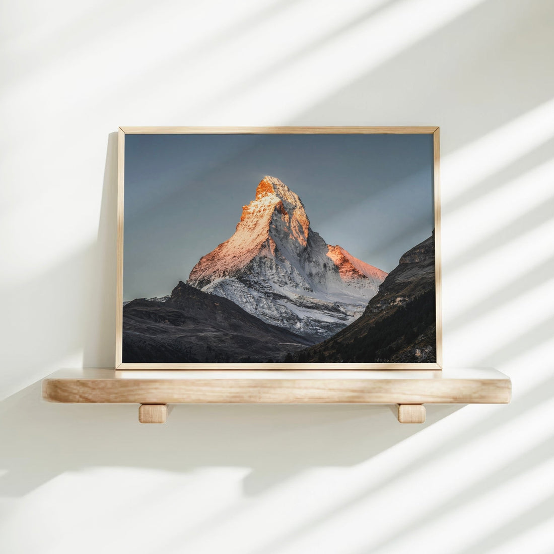 Beautiful sunrise over the Matterhorn in this framed Swiss Alps art print.