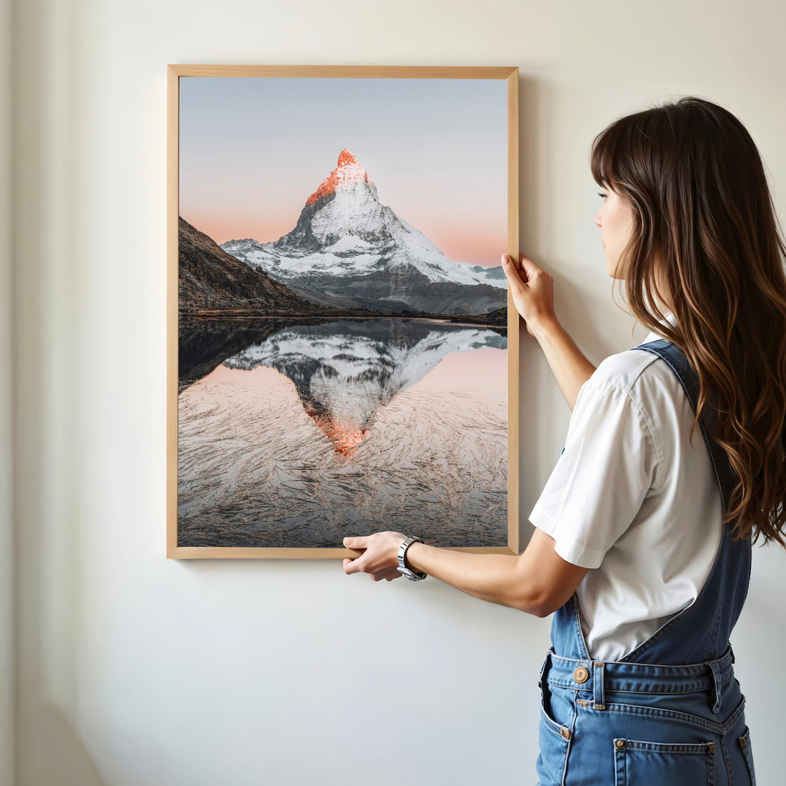 Captivating sunrise over the Matterhorn mirrored in Riffelsee, a dreamy Swiss Alps photography print.