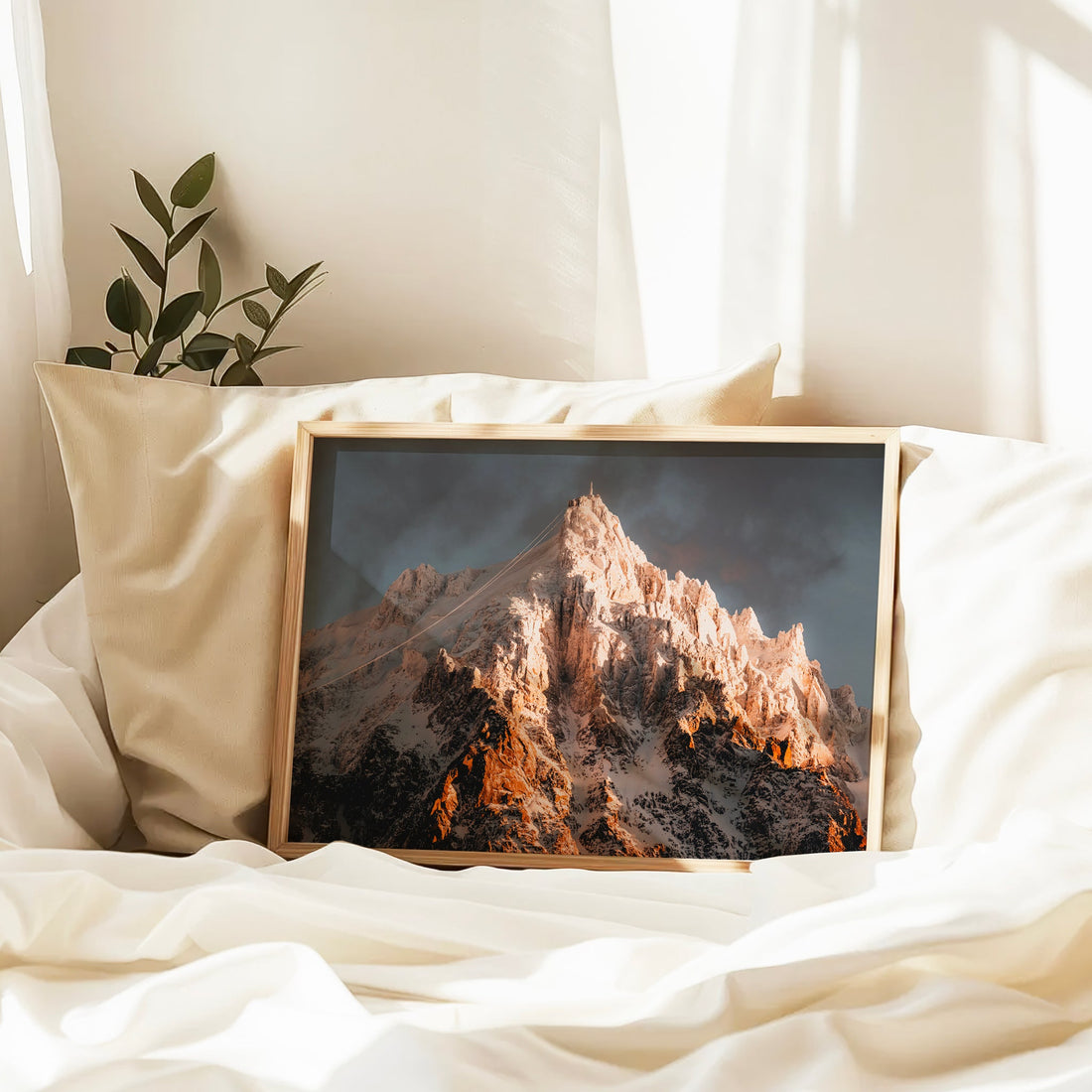 Sunrise mountain photography print of Aiguille du Midi, perfect for lovers of the Alps and alpine decor.