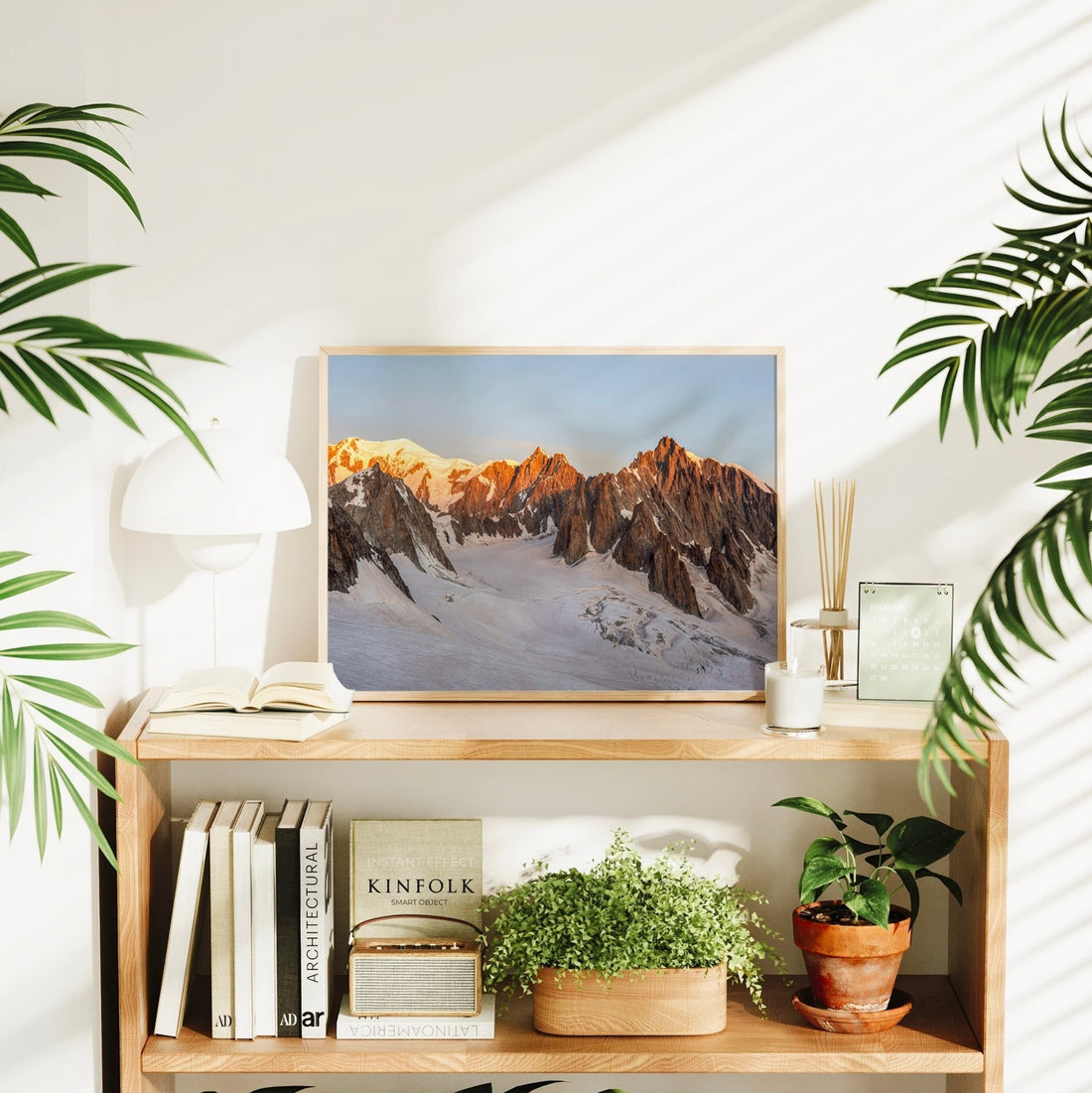 Mountain range sunrise print with golden light on Mont Blanc and surrounding peaks in the French Alps.