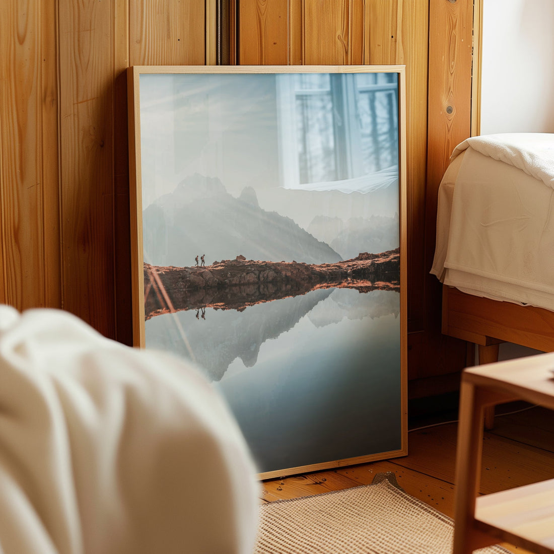 Elegant Mont Blanc wall art showcasing a golden sunrise reflecting in the serene alpine lake.