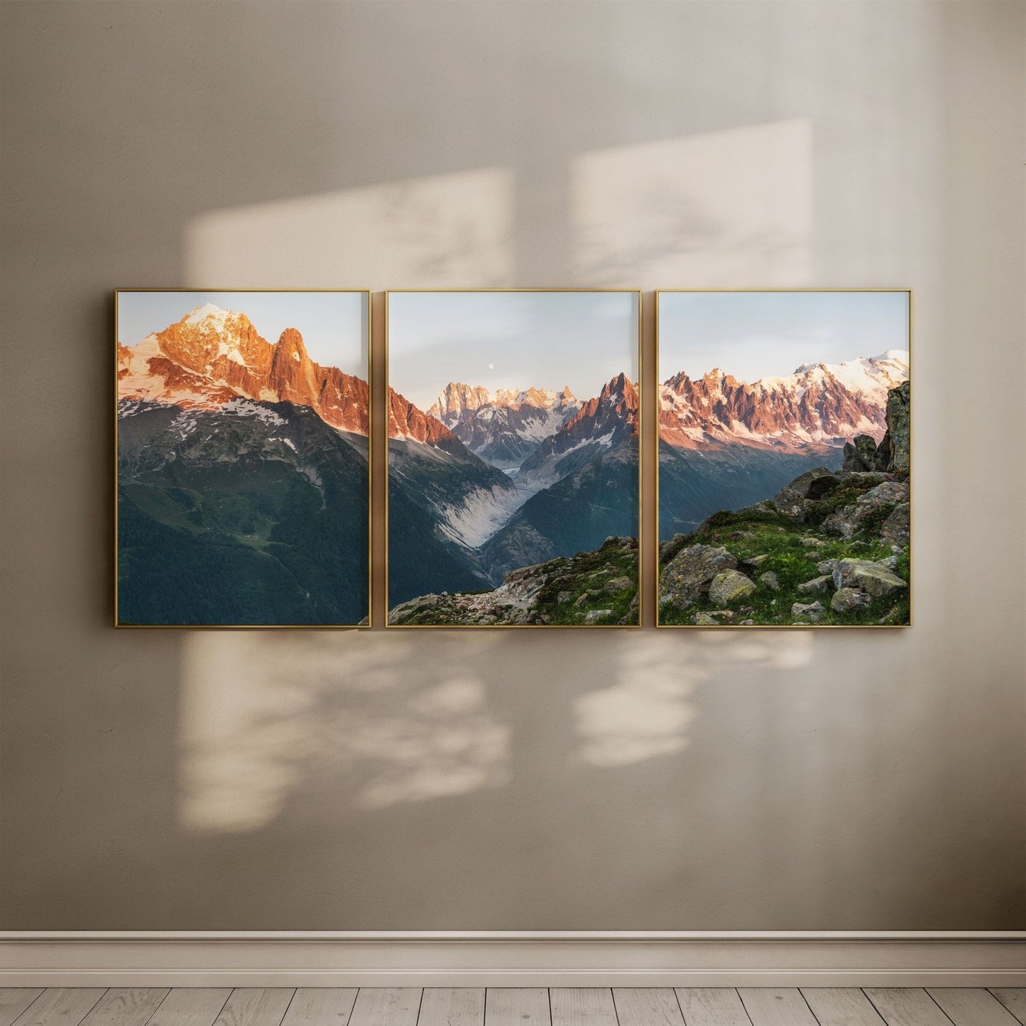 Panoramic view of the Chamonix Alps at sunset, displayed in a striking triptych format.