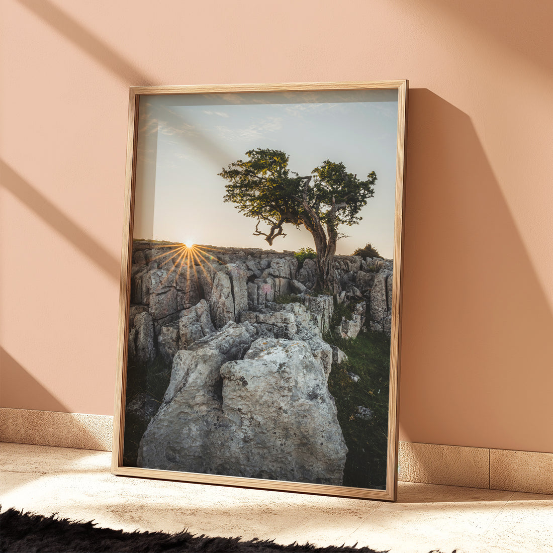 Natural light on framed Twistleton tree landscape with glowing rocks