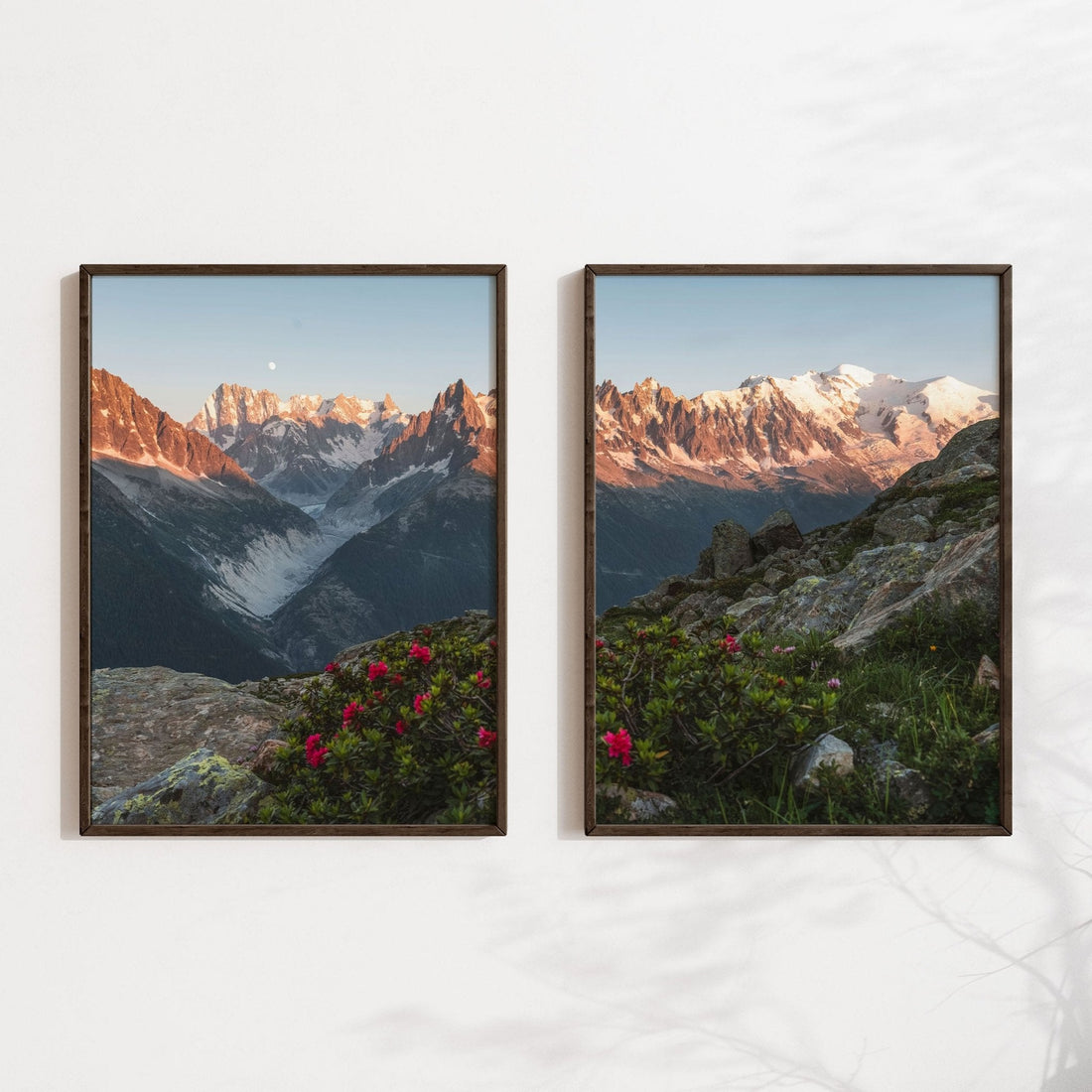 Elegant wooden frame featuring a sunset view of mountains, wildflowers, and the majestic Mont Blanc massif in the background.
