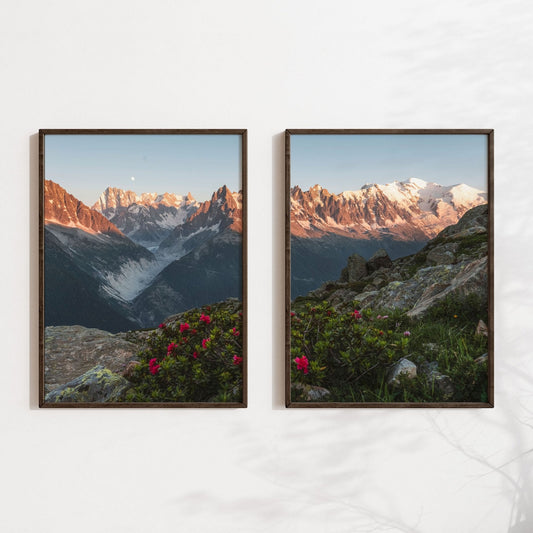 Elegant wooden frame featuring a sunset view of mountains, wildflowers, and the majestic Mont Blanc massif in the background.