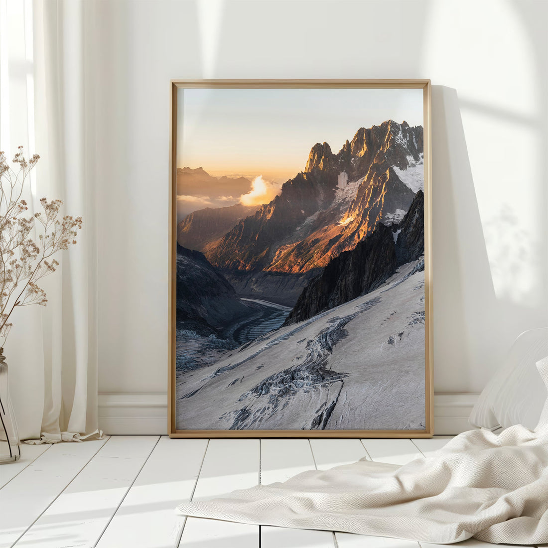 Sunset over Mer de Glace print, highlighting the stunning icy formations of the French Alps.