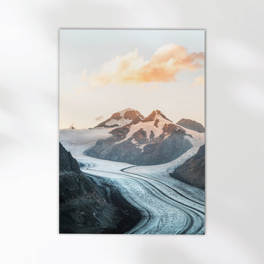 Fine art photography print of the Swiss Alps with the majestic Aletsch Glacier at sunset.
