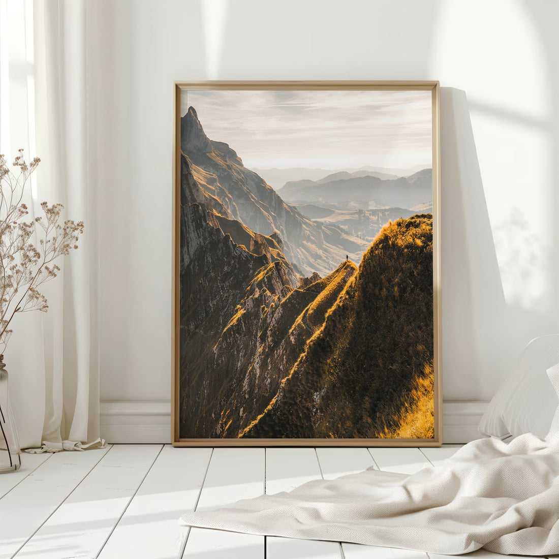 A high-quality Swiss Alps landscape print featuring Schäfler Ridge and a hiker’s journey.