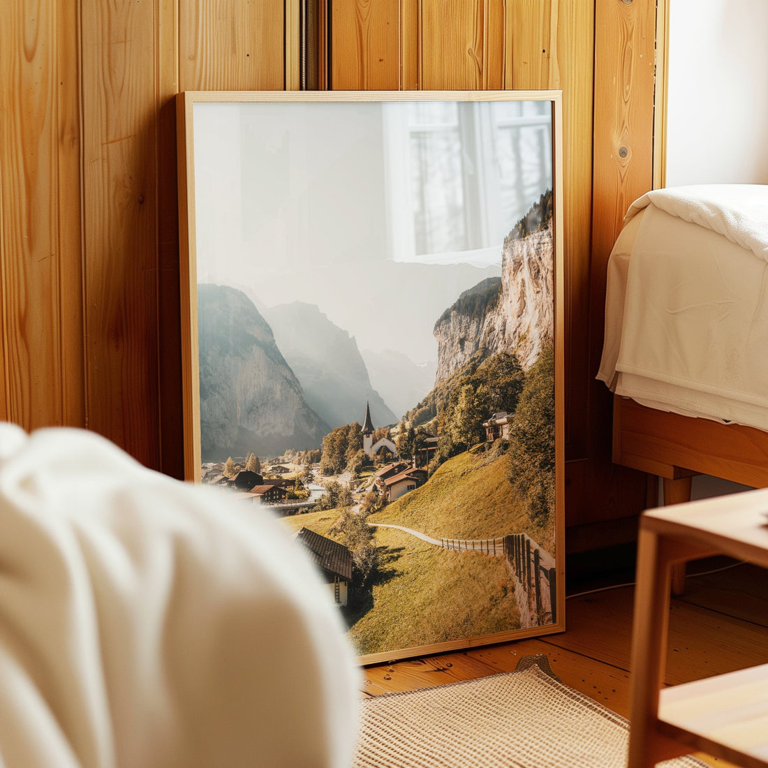 Framed art print of Lauterbrunnen, Switzerland, showcasing breathtaking mountain views.