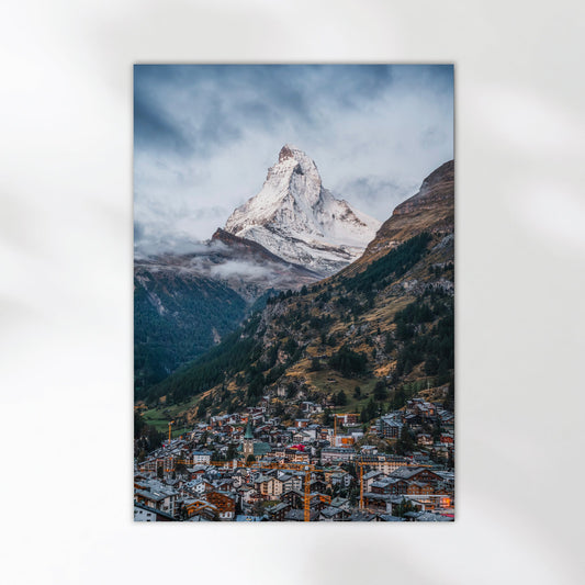 Mountain photography print of the Swiss Alps featuring the Matterhorn and Zermatt.