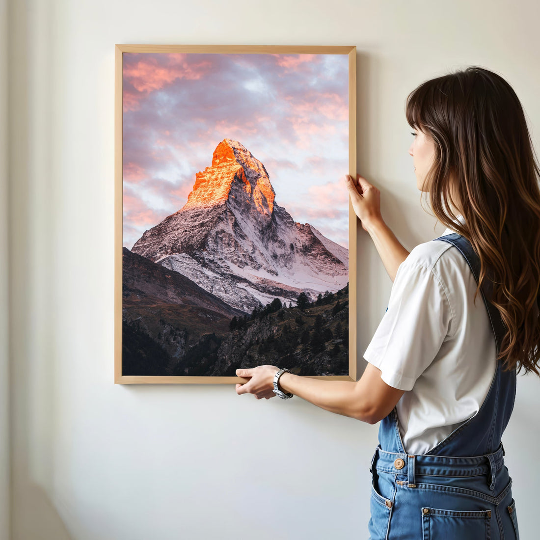 Swiss Alps mountain art print featuring the iconic Matterhorn bathed in warm morning light.
