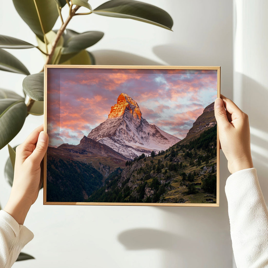 Dramatic Swiss Alps wall art print showcasing the Matterhorn kissed by warm evening light.