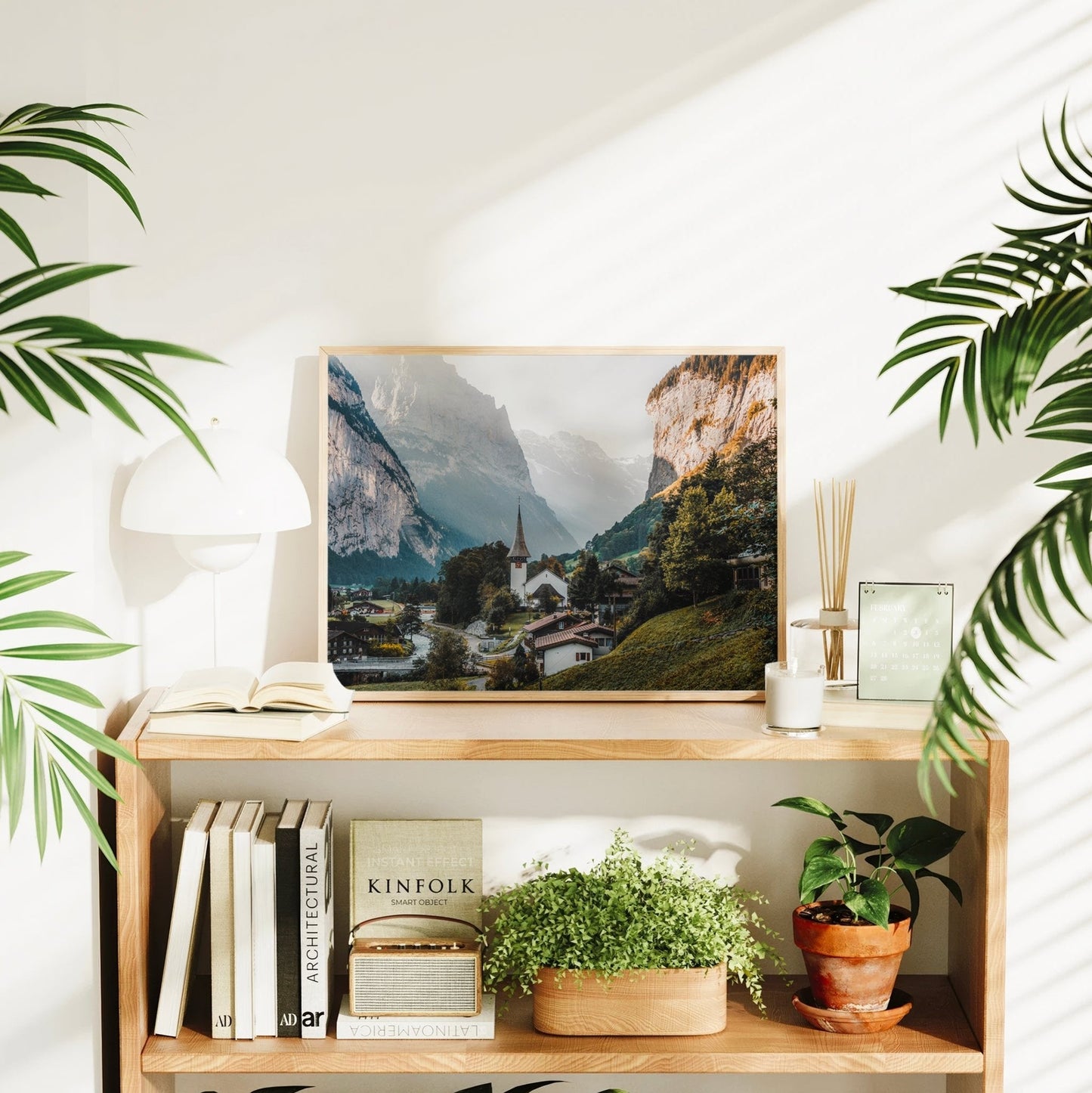 Serene Swiss Alps nature artwork featuring Lauterbrunnen’s picturesque village, lush hills, and epic cliffs.